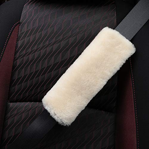 OGLAND 2 Pack Sheepskin Car Seat Belt Cover Pads | Wool Seatbelt Cushions - color: Pearl, size: Shearling Wool