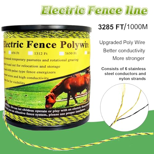 3285 Feet Electric Fence Polywire, 1000 Meters 1/8" Diameter Portable Electric Fencing Poly Wire Rope Line 6 Steel Strands for Reliable Conductivity & Rust Resistance - size: 3285 Ft