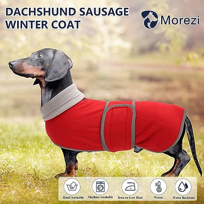 Dachshund Coats Sausage Dog Fleece Coat in Winter Miniature Dachshund Clothes with Hook and Loop Closure and high vis Reflective Trim Safety - Red - XS - color: Red, size: X-Small(Back: 12"-13"in)