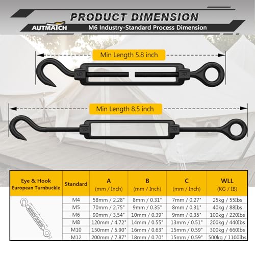 AUTMATCH M6 Hook & Eye Turnbuckle - 304 Stainless Steel Wire Rope Tensioner | Adjustable Turnbuckle for Cable Railing, Fence & Shade Sail Hardware, Wire Rope Tension Kit, 6-Pack, Black - color: Black Tone - Hook & Eye, size: M6