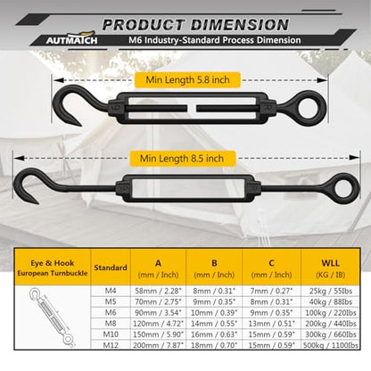 AUTMATCH M6 Hook & Eye Turnbuckle - 304 Stainless Steel Wire Rope Tensioner | Adjustable Turnbuckle for Cable Railing, Fence & Shade Sail Hardware, Wire Rope Tension Kit, 6-Pack, Black - color: Black Tone - Hook & Eye, size: M6