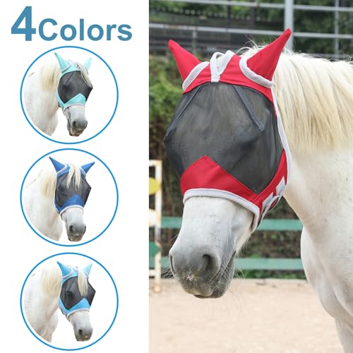 Horse Fly Mask with Ears, Breathable Fine Mesh Red Pony - color: Red, size: Pony