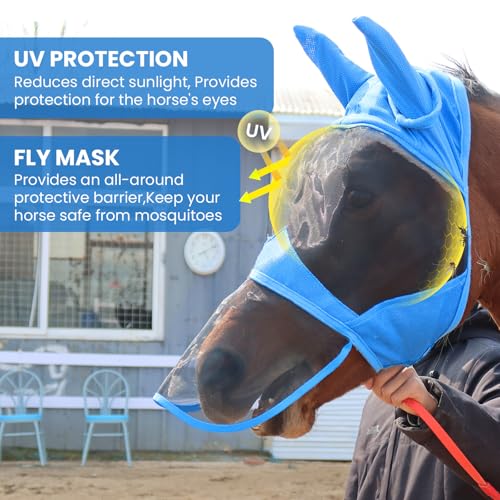Fly Masks for Horses with Ears and Nose Cover Large Eye Space, Adjustable Horse Fly Mask for Daily UV Protection Breathable Comfort Fit Riding & Competition(Blue, L)