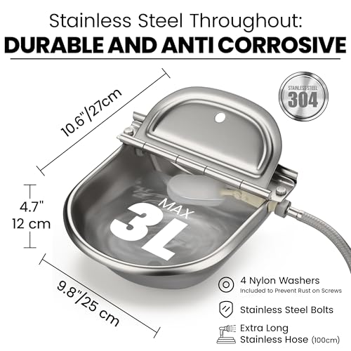 Automatic Animal Drinking Water Bowl with 2 Float Valves-304 Stainless Steel Automatic Water Dispenser for Dogs & Farm Animals, Auto-Refill, Leakproof Drain Hole, Extra Long 100cm Hose