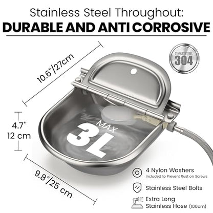 Automatic Animal Drinking Water Bowl with 2 Float Valves-304 Stainless Steel Automatic Water Dispenser for Dogs & Farm Animals, Auto-Refill, Leakproof Drain Hole, Extra Long 100cm Hose