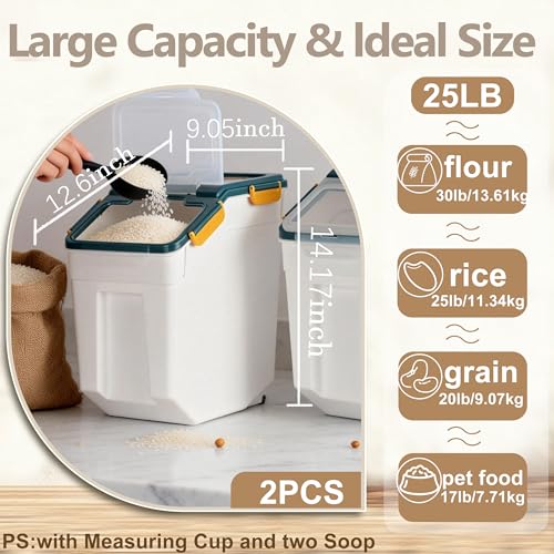 RUIAN Large Airtight Storage Container,25lb Flour Rice Storage Containers Bin with Wheels Seal Locking Lid, with Measuring Cup&Scoop for Flour, Rice, Grain (25lbt Blue,4PCS) - color: Blue 4Pack 25Lb