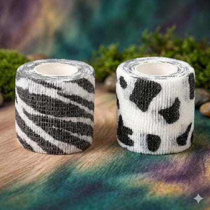 Premium Pet Vet Wrap — Non-Stick to Fur Self Adherent Bandage Wrap for Dogs, Cats & Horses, Breathable Cohesive Tape for Wounds, Paws & Legs, Animal Print Design - Pack of 2 - color: Cow Print