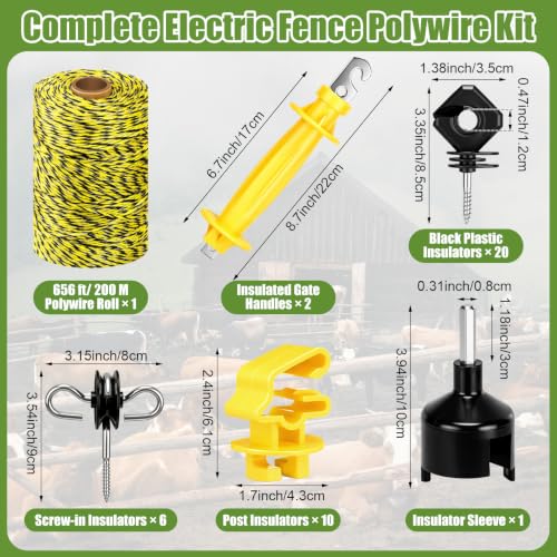 SATINIOR 40 Pcs Electric Fence Kit, 656 Ft/ 200 M Electric Fence Polywire 10 T Post Insulators 2 Rubber Gate Handle Insulators 6 Insulator Screw 20 Black Insulator Socket Tool for Fencing Horse Cattle