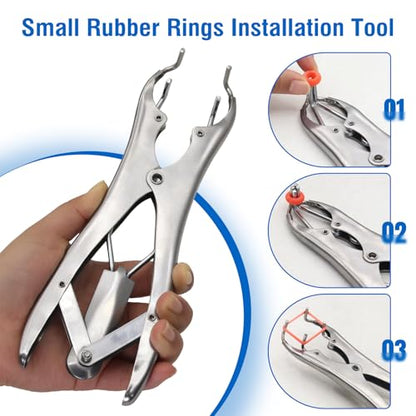 Goat Banding Kit Stainless Livestock Steel Expander Tool with 300pcs Rubber Bands and Expander Plier Balloon Expander Pliers Tool for Lambs Goats Piglets Calves, Humane Livestock Handling