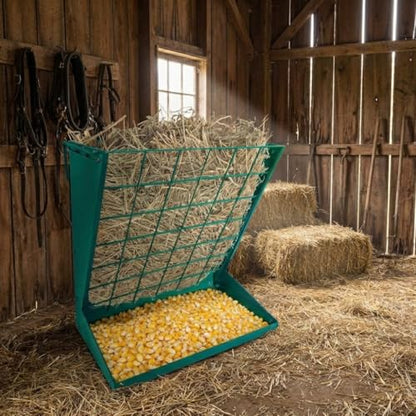 Wall Mount Hay Feeder for Goats, 2 in 1 Hay & Grain Livestock Feeders Rack, Hanging Sheep Cattle Feed Box with Steel Net, Wall Mounted Goat Hay Rack for Farm, Barn, Stable, Green - color: Green