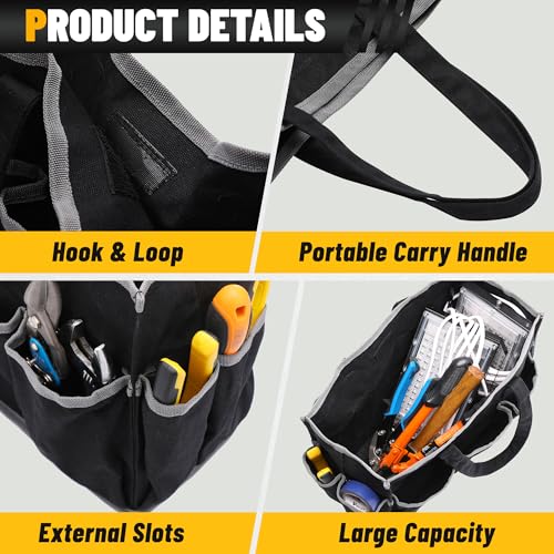 Canvas Tool Tote Bag, Heavy Duty 16oz Waxed Canvas Tool Storage Pouch with 1 Large Compartment & 10 Small Pockets | Multi-Purpose Garden Tool Bag for Horticulturists Mechanics Craftsmen – Black - color: Black