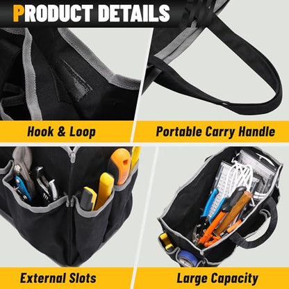 Canvas Tool Tote Bag, Heavy Duty 16oz Waxed Canvas Tool Storage Pouch with 1 Large Compartment & 10 Small Pockets | Multi-Purpose Garden Tool Bag for Horticulturists Mechanics Craftsmen – Black - color: Black