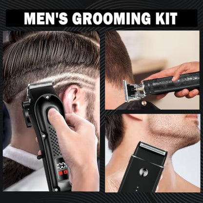 3-in-1 Hair Clippers for Men with LED, Beard Trimmer & Foil Shaver | Cordless USB Rechargeable Haircut Kit: 8 Guide Combs, T-Blade Detailing, Low-Noise, Nick-Free, Gift-Ready.