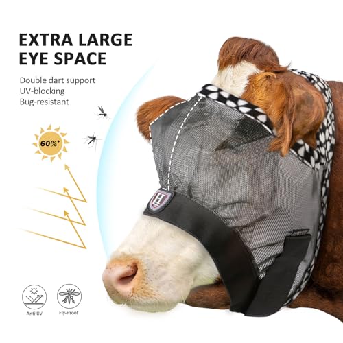 Harrison Howard Cattle Livestock Fly Mask Breathable Mesh Padded Edging with Fun Patterns Large Spacing Forelock Opening Design Adjustable Fit for Cattle Deep Grey - color: Deep Grey