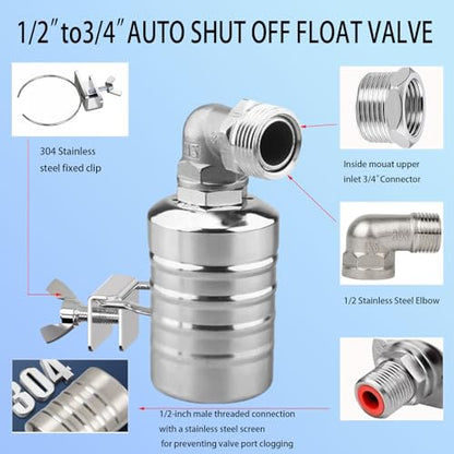 Float Valve1/2" 3/4" Auto Shut Off Mini Float Valve,304 Stainless Steel Auto Water Level Control Valve for Water Tank,Pool,Water Tank, Livestock Troughs 2pcs