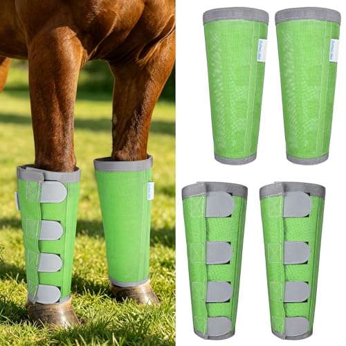 Reflective Horse Fly Boots Set of 4, Breathable Adjustable Equine Fly Leg Wraps for Horses, Universal Fit Loose Fitting Leggings with Stay Put Design (Green) - color: Green