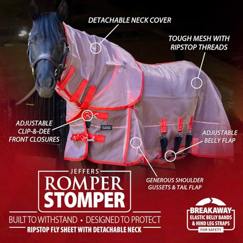 Jeffers Romper Stomper Ripstop Fly Sheet for Horses with Detachable Neck Cover & Belly Flap, 75" - Breathable Lightweight, Horse Tack for Summer Turnout, UV & Fly Protection Sheet - Grey & Red - size: 75"