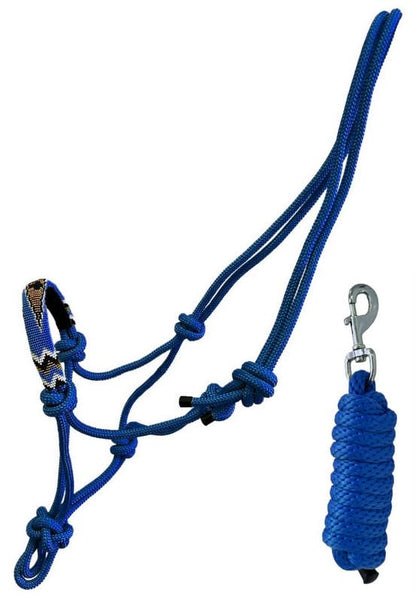 Nylon Horse Size Cowboy Knot Rope Halter with Beaded Cross Nose and Removable Lead - color: Royal Blue