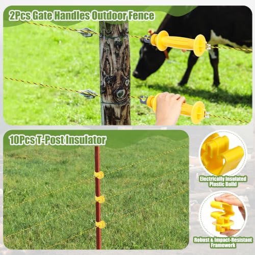 SATINIOR 40 Pcs Electric Fence Kit, 656 Ft/ 200 M Electric Fence Polywire 10 T Post Insulators 2 Rubber Gate Handle Insulators 6 Insulator Screw 20 Black Insulator Socket Tool for Fencing Horse Cattle