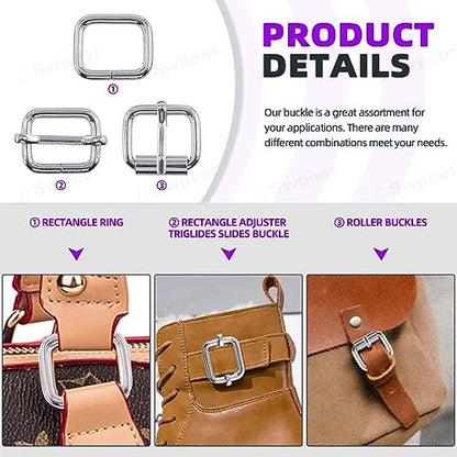 Swpeet 5 Style Metal Buckles - Adjustable Slide, D Ring, Circular Ring - color: Silver, size: 1 Inch