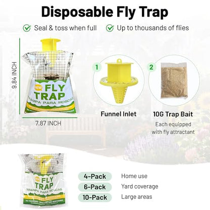 Outdoor Fly Trap Bags, Disposable Hanging Fly Catcher for Yard, Farm, Stable & Trash Areas – Water-Activated Attractant, Catches House Flies & Blow Flies, Non-Toxic Outdoor Fly Control (6 Pack)