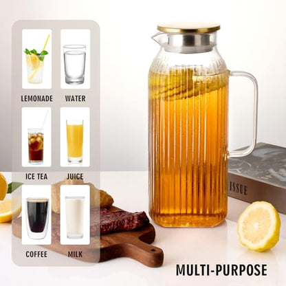 GLASKEY 2.1 Liter 71oz Square Glass Pitcher with Lid, Classic Stripes Water Pitchers with Handle for Fridge, Leak Proof Juice Jug, Borosilicate Glass Carafe for Hot/Cold Brew Drink - size: 71 Ounces