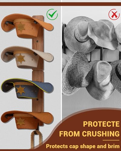 Midukit Cowboy Hat Rack for Wall, Cowboy Hat Holder for 4 with Hooks,Wooden Rustic Metal Hanger for Wall with Pine Board,Western Baseball Hat Rack Holder for Fedora, Sun Hats (4 Hats)