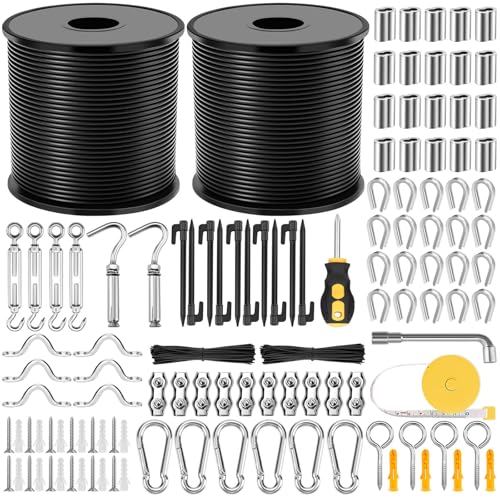 Flasoo 215Pcs String Light Hanging Kit, Outdoor Light Guide Wire Rope with 240FT Nylon Coated 304 Stainless Steel Cable, Turnbuckle, Hooks and Enough Accessories