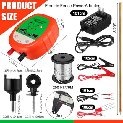 8 Mile Electric Fence Kit for Livestock, 12kv 2J Electric Fence Charger 50 Black Insulator 1 Socket Tool 250ft Aluminum Wire for Predators Deterrent Farm Fencing System