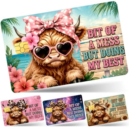 4PCS Highland Cow Credit Card Skin, Debit Cards Cover Personalized Stickers - color: Pink Highland Cow