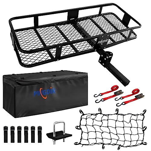 PINGDIR Folding Hitch Mount Cargo Carrier Hitch Rack Basket 60"*21.5"*6" Hauling Weight Capacity of 500 Lbs, Waterproof Cargo Bag 58" 19" 24", with Hitch Stabilizer,Cargo Net and Ratchet Straps - size: 60 inches