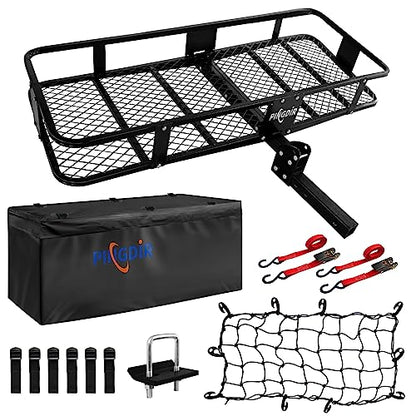 PINGDIR Folding Hitch Mount Cargo Carrier Hitch Rack Basket 60"*21.5"*6" Hauling Weight Capacity of 500 Lbs, Waterproof Cargo Bag 58" 19" 24", with Hitch Stabilizer,Cargo Net and Ratchet Straps - size: 60 inches