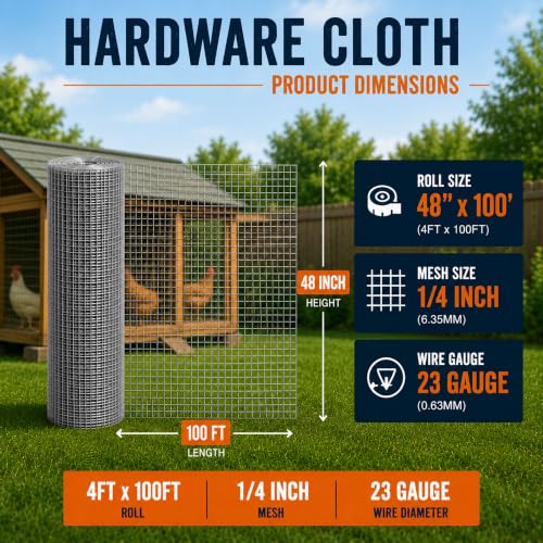 1/4in Hardware Cloth 48in x 100ft 23gauge Hot-Dip Galvanized Wire Mesh Roll - color: 1/4in 48''×100'