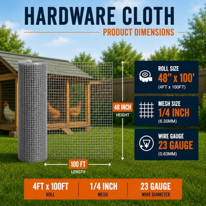 1/4in Hardware Cloth 48in x 100ft 23gauge Hot-Dip Galvanized Wire Mesh Roll - color: 1/4in 48''×100'