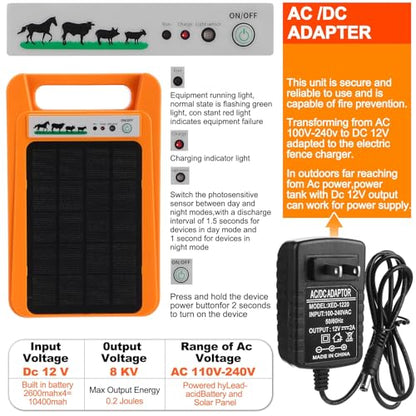 MorningRo 10 Miles Solar Electric Fence Charger Output 0.2J Portable Solar Fence Charger 24h Uninterrupted Protection with Rechargeable Powered Panel that can Work for Garden 14 Days Without Sunlight