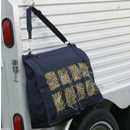 Dura-Tech Reinforced Top Horse Hay Saver Bag | 8 Slow Feeder Holes | Easily Carries and Hangs in Stalls | Hook & Loop Top Flap Closure | Mesh Bottom | Hold 4 Flakes of Hay - color: Navy