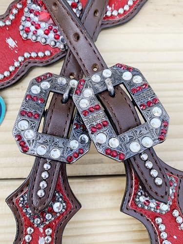 Western Leather Headstall & Breast Collar Set for Horses - Valentine’s Day Silver Metallic Cowhide with Rhinestones - color: Red