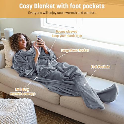 Catalonia Wearable Blanket with Sleeves & Foot Pocket for Adults - color: Gray, size: Fleece