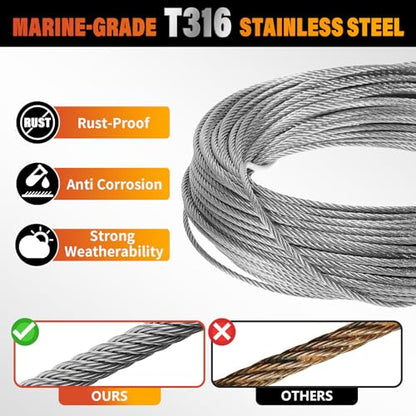 Stainless Steel Cable for Railing - 100FT 1/8" T316 Wire Rope Cable - size: 100FT
