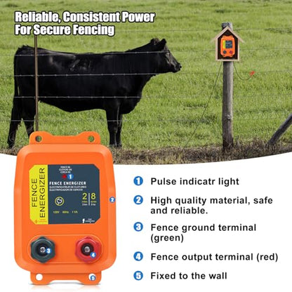 2 Mile AC Powered Low Impedance Electric Fence Charger，0.10 Joule Plug-in Electric Fence Energizer，Contain Small Animals, Keep Out Pests and Wildlife Invasion - color: Orange 0.10 Joule