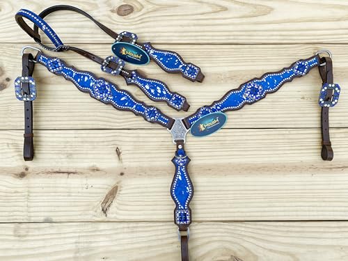 Western Leather Headstall & Breast Collar Set for Horses - Valentine’s Day Silver Metallic Cowhide with Rhinestones - color: Royal Blue