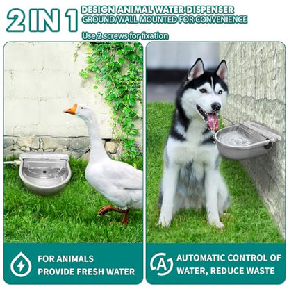 Automatic Water Dispenser for Dogs,304 Stainless Steel Float Valve Pet Bowl | Self-Filling, Wall Mounted, 2.5L Capacity, Drain Plug for Easy Clean, for Large Dogs Chickens Horses, Yard Farm Outdoor Use