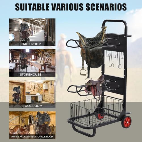 Rolling Saddle Rack Horse Tack Cart 3 Tier, Heavy Duty Steel Stable Storage Cart with Wheels, Portable Horse Equipment Organizer for Tack Room Trailer Indoor Outdoor