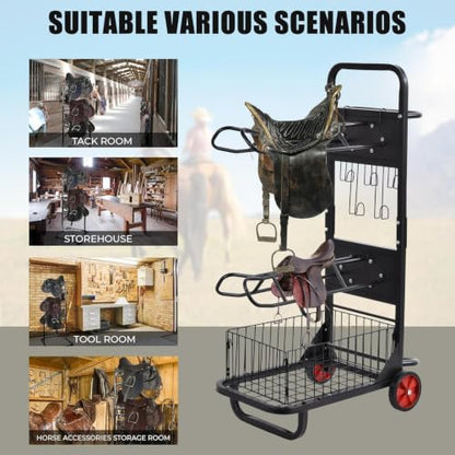 Rolling Saddle Rack Horse Tack Cart 3 Tier, Heavy Duty Steel Stable Storage Cart with Wheels, Portable Horse Equipment Organizer for Tack Room Trailer Indoor Outdoor
