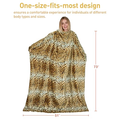 Catalonia Wearable Blanket with Sleeves for Women & Men, Fleece Wrap Throw - color: Cheetah