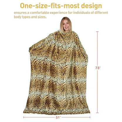 Catalonia Wearable Blanket with Sleeves for Women & Men, Fleece Wrap Throw - color: Cheetah