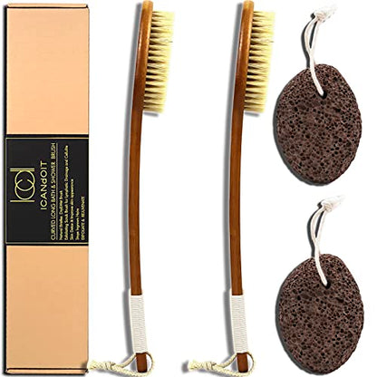 ICANdOIT-17.71Inch Natural Stiff Sisal Bristles Anti-Slip Long Handle Bath Brush,Bent Handle Shower Scrubber for Exfoliating,Shower Back Brush,Exfoliation Set with Pumice Stone(2 Pack) - size: 17.71"Stiff Sisal Bristles Back Brush+Pumice-4Pack