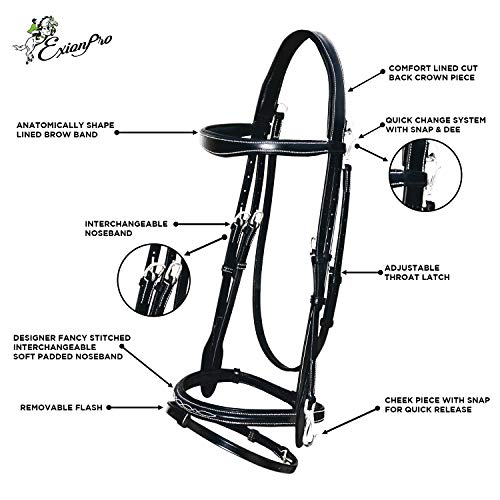 Exion Quick Change Snap English Bridle for Horses – Padded Anatomic Leather Jumping Bridle Set with Rubber Reins – Gold Brass Snaps Wave Browband Raised Cavesson Show Tack, Cob Full Warmblood