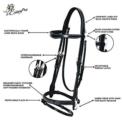 Exion Quick Change Snap English Bridle for Horses – Padded Anatomic Leather Jumping Bridle Set with Rubber Reins – Gold Brass Snaps Wave Browband Raised Cavesson Show Tack, Cob Full Warmblood