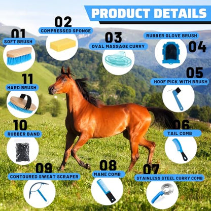 Abbylike 12 Pieces Horse Grooming Kit Equine Care Brushes,Blue - color: Blue